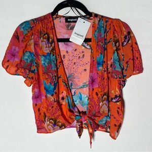 Desigual Orange Pink Blue Floral Tie Front Crop Top S